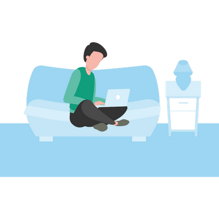 Boy sitting on bed using laptop  Illustration