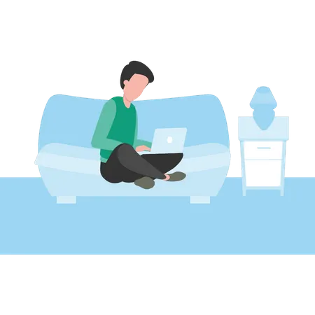 Boy sitting on bed using laptop  Illustration