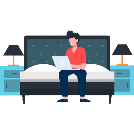 Boy sitting on bed working on laptop  Illustration