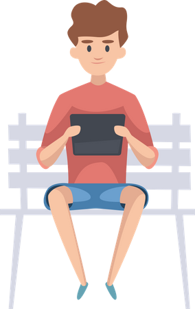 Boy sitting on bench and using tablet  Illustration