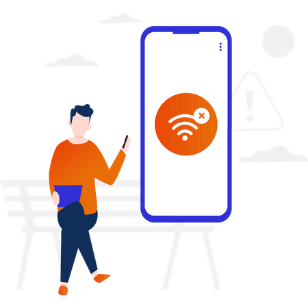 Boy sitting on bench with no WIFI connection Illustration
