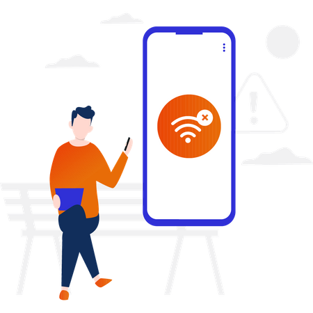 Boy sitting on bench with no WIFI connection  Illustration