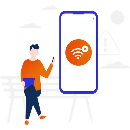 Boy sitting on bench with no WIFI connection  Illustration