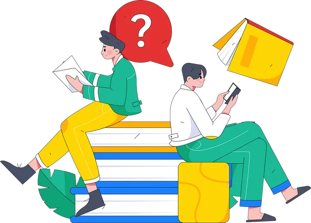 Boy sitting on books and preparing for exam  Illustration