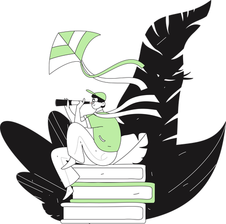 Boy sitting on books and searching  Illustration
