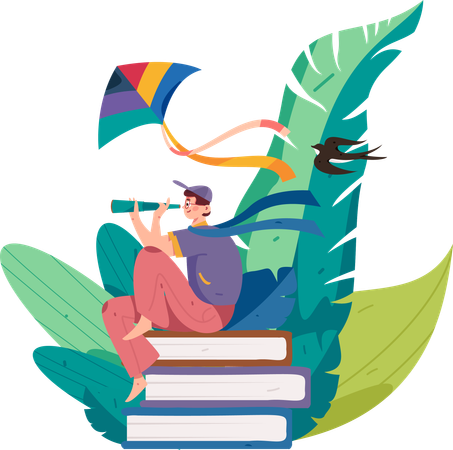 Boy sitting on books and searching  Illustration