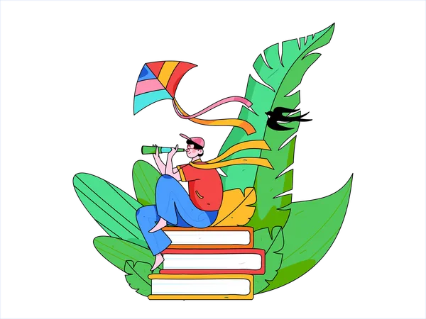 Boy sitting on books and searching  Illustration