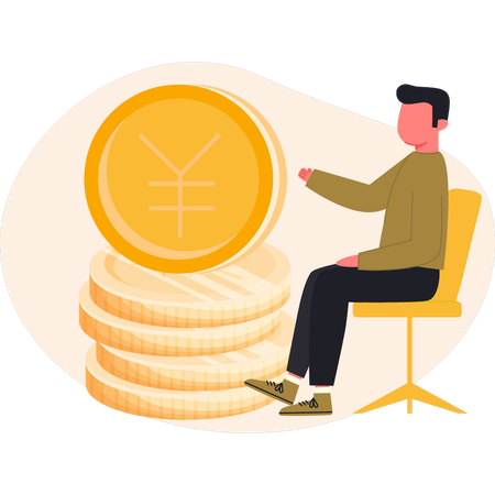 Boy sitting on chair and pointing yuan coin  Illustration