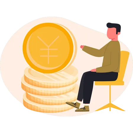 Boy sitting on chair and pointing yuan coin  Illustration