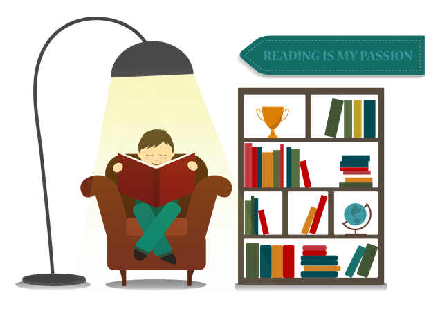 Boy sitting on chair and reading book  Illustration