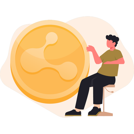 Boy sitting on chair pointing ripple coin  Illustration