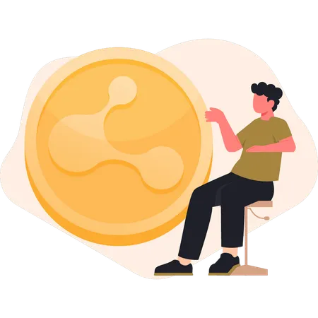 Boy sitting on chair pointing ripple coin  Illustration