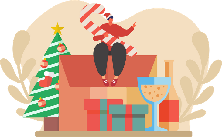 Boy sitting on christmas gift  Illustration