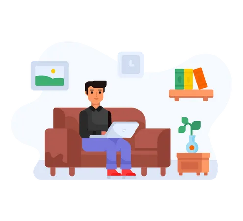 Boy sitting on couch and working  Illustration
