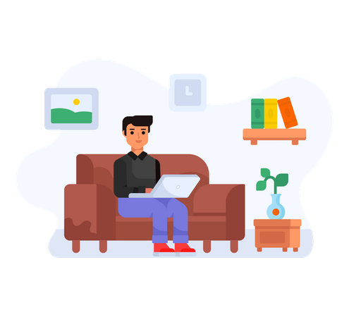 Boy sitting on couch and working  イラスト