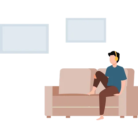 Boy sitting on couch wearing headphones  Illustration