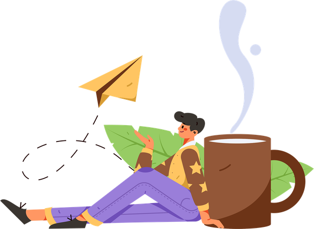 Boy sitting on floor with coffee cup  Illustration