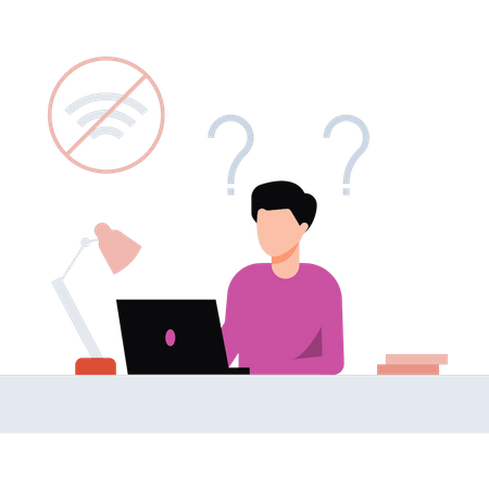Boy sitting on laptop with no wifi  Illustration