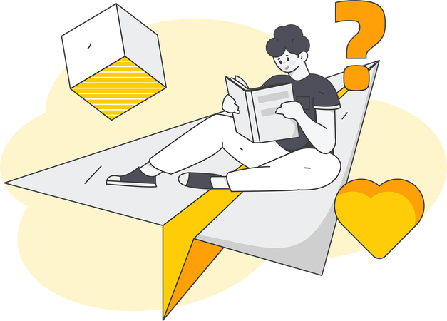 Boy sitting on paper plane and reading book  Illustration