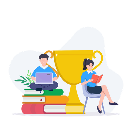 Boy Sitting On Pile Of Books While Taking Online Eduction And Girl Reading Book  Illustration