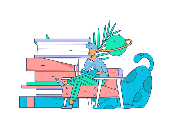 Boy sitting on sofa and reading books  Illustration