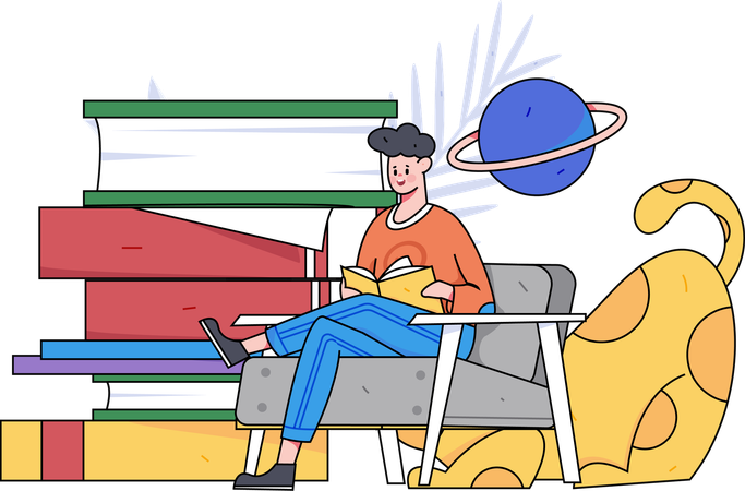 Boy sitting on sofa and reading books  Illustration