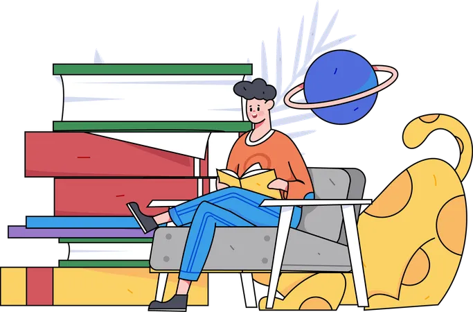 Boy sitting on sofa and reading books  Illustration