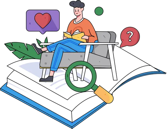 Boy sitting on sofa and reading books  Illustration