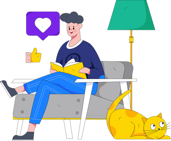 Boy sitting on sofa and reading books  Illustration