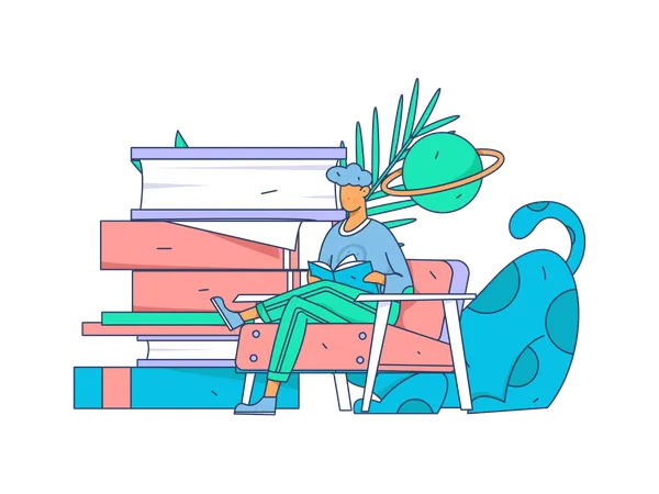 Boy sitting on sofa and reading books  Illustration