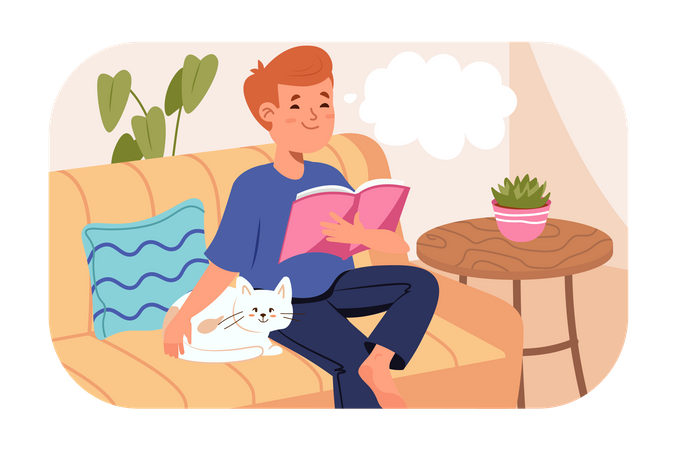 Boy sitting on sofa with cat and reading book  Illustration