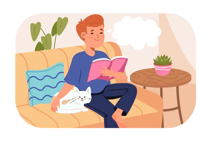 Boy sitting on sofa with cat and reading book  Illustration