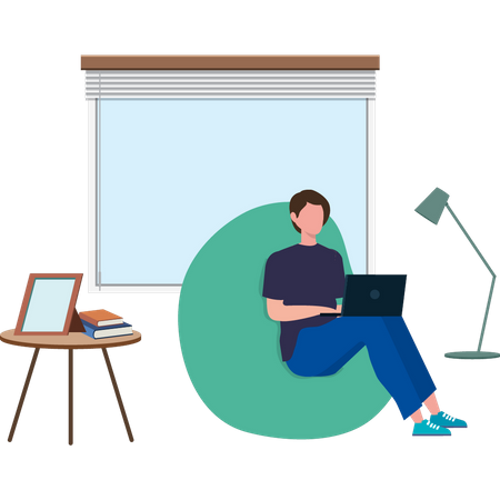 Boy sitting on sofa working on laptop  Illustration