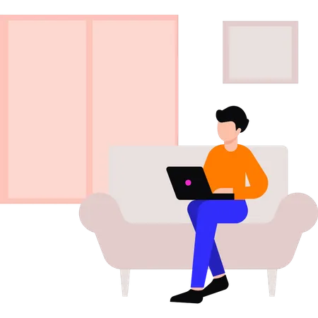 Boy sitting on sofa working on laptop  Illustration