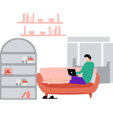 Boy sitting on sofa working on laptop  Illustration