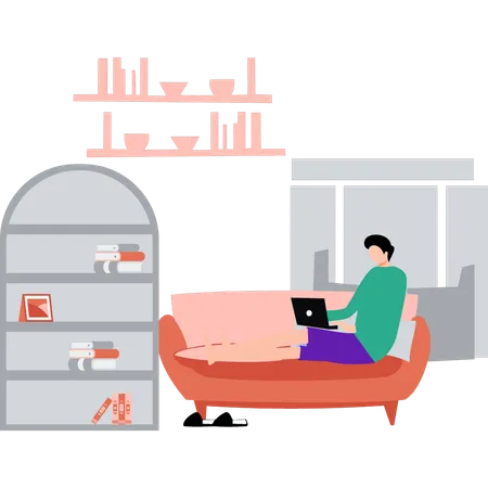 Boy sitting on sofa working on laptop  Illustration