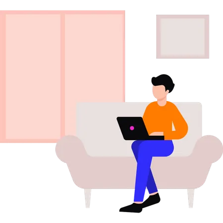Boy Sitting On Sofa Working On Laptop Illustration