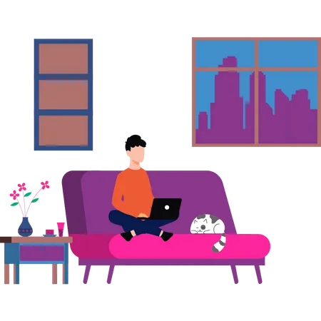 Boy sitting on sofa working online from home  Illustration