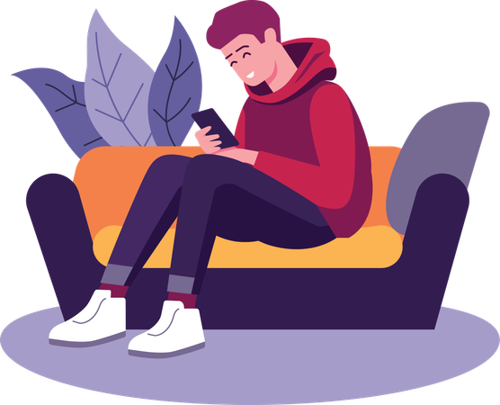 Boy Sitting on the Sofa Relaxed Focus on Phone  Illustration