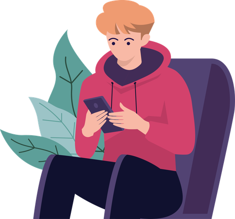 Boy Sitting on the Sofa Relaxed Focus on Phone  Illustration