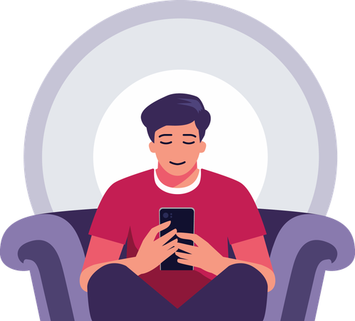 Boy Sitting on the Sofa with Gentle Smile as He Reads a Message  Illustration