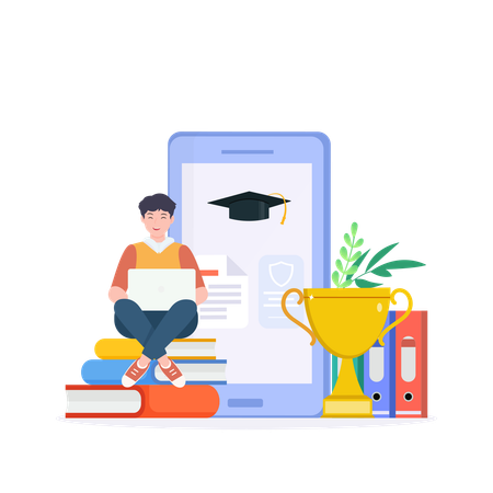 Boy Sitting On Top Of Books And Laptop With Graduation Cap  Illustration