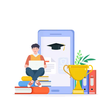 Boy Sitting On Top Of Books And Laptop With Graduation Cap  Illustration