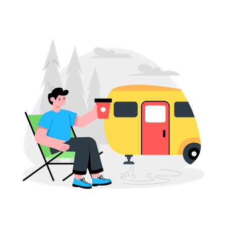 Boy Sitting Outside Camper Van  Illustration