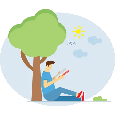 Boy sitting under a tree and reading a book  Illustration