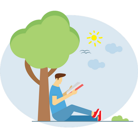 Boy sitting under a tree and reading a book  Illustration