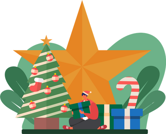 Boy sitting with gift to celebrate christmas  Illustration