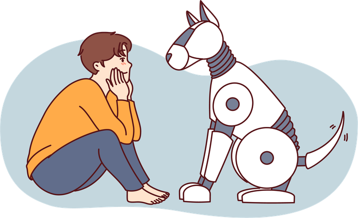 Boy sitting with robot dog  Illustration