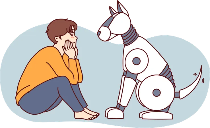 Boy sitting with robot dog  Illustration