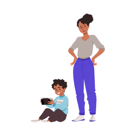 Boy sitting with tablet next to his dissatisfied mother  Illustration